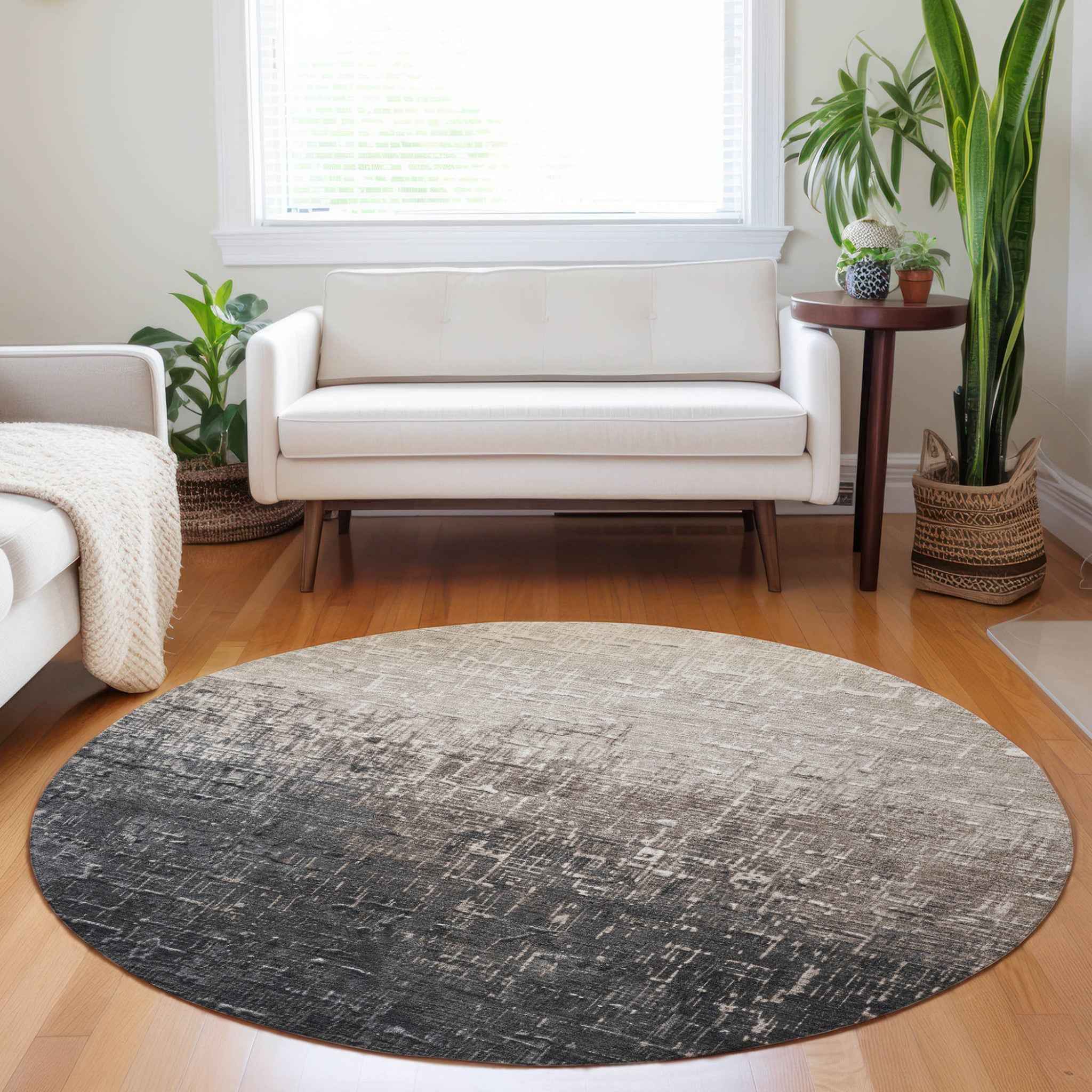 8' Khaki And Dark Gray Round Ombre Washable Indoor Outdoor Area Rug