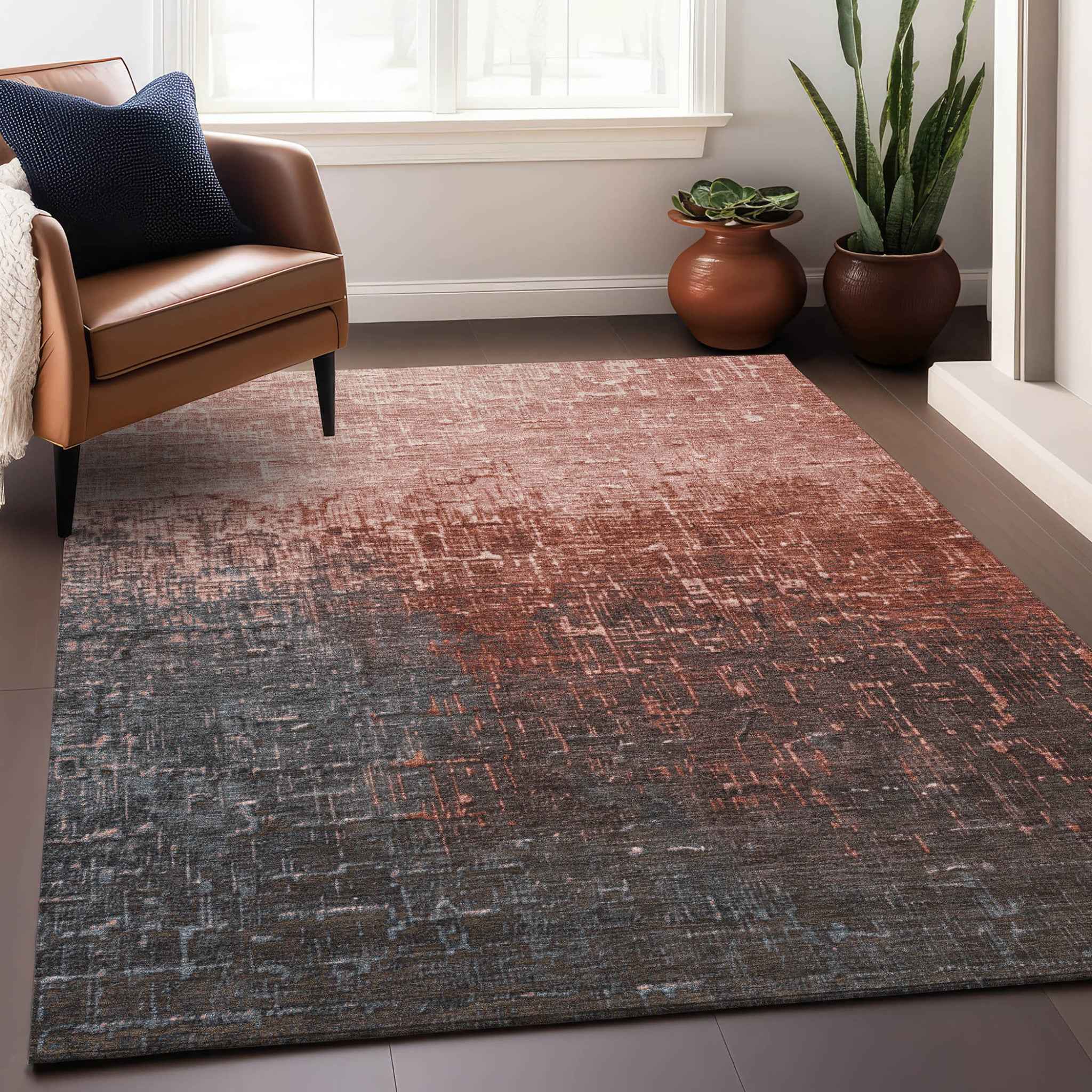 8' X 10' Blush And Dark Gray Ombre Washable Indoor Outdoor Area Rug