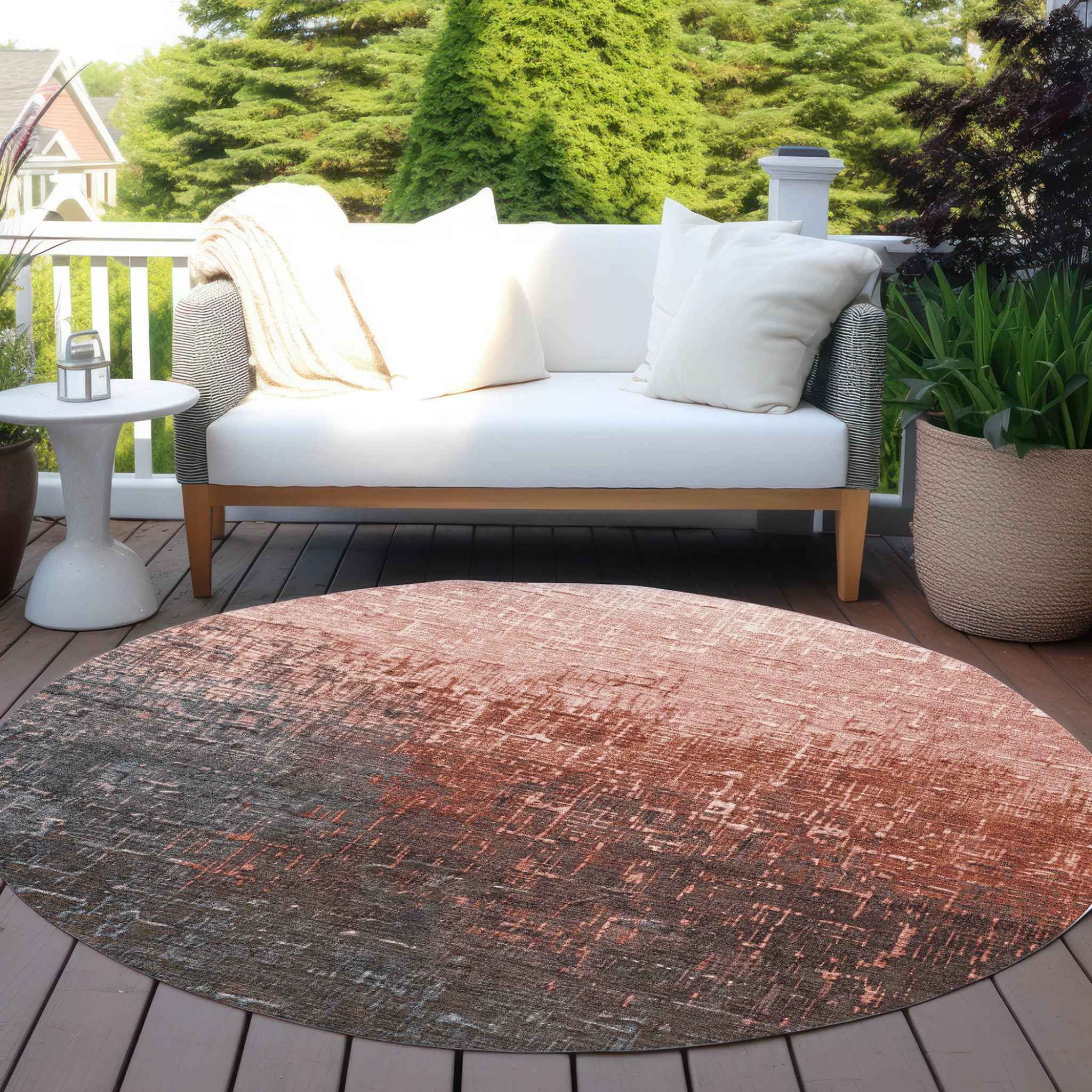 8' Blush And Dark Gray Round Ombre Washable Indoor Outdoor Area Rug