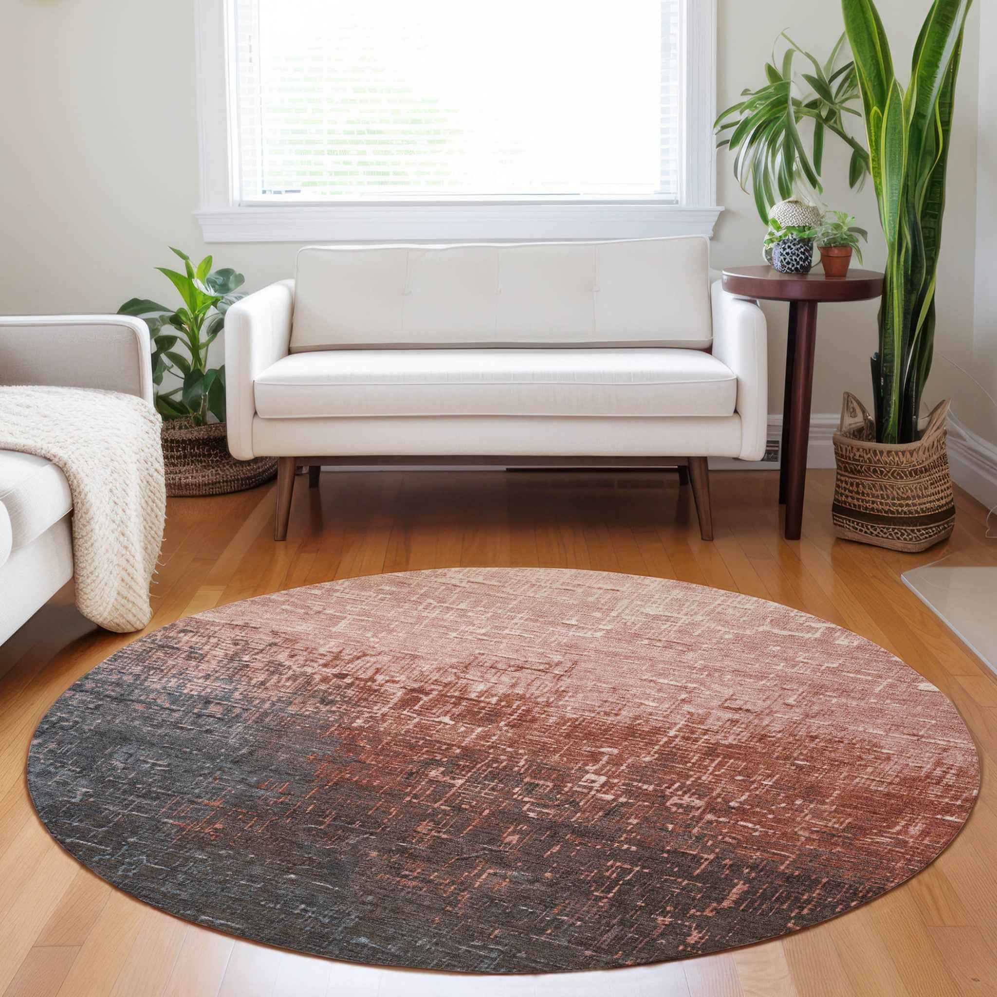 8' Blush And Dark Gray Round Ombre Washable Indoor Outdoor Area Rug