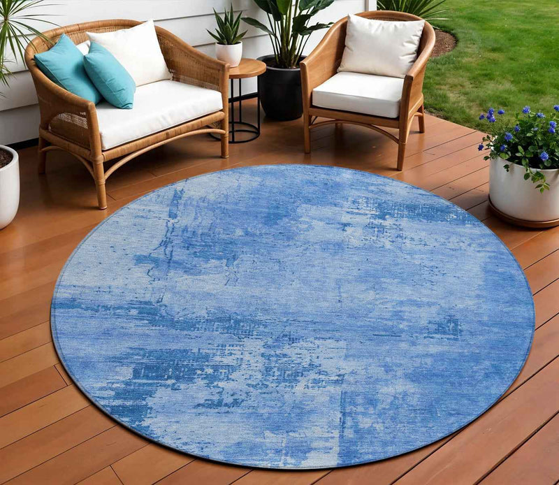 8' Navy Blue And Ivory Round Abstract Washable Indoor Outdoor Area Rug
