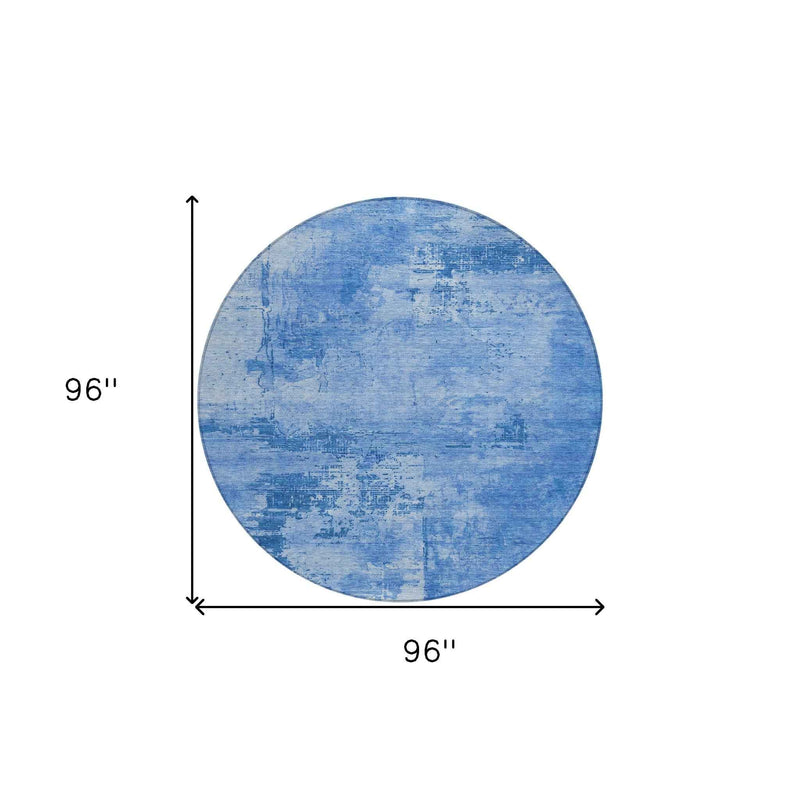 8' Navy Blue And Ivory Round Abstract Washable Indoor Outdoor Area Rug