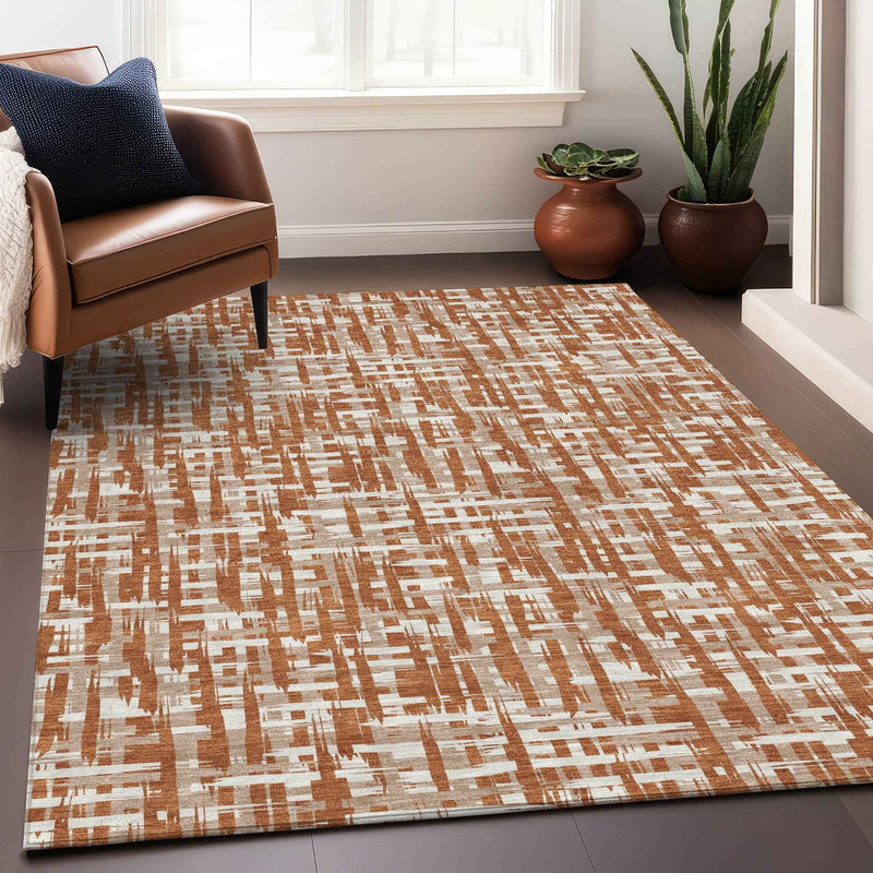 8' X 10' Terra Cotta Tan And Ivory Abstract Washable Indoor Outdoor Area Rug