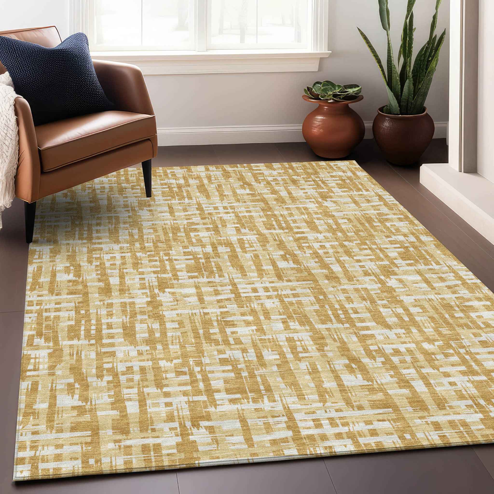 8' X 10' Gold Brown And Beige Abstract Washable Indoor Outdoor Area Rug