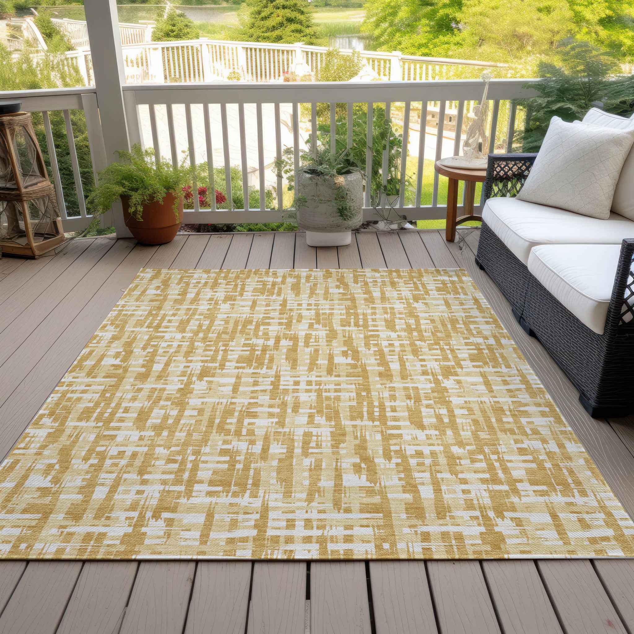 8' X 10' Gold Brown And Beige Abstract Washable Indoor Outdoor Area Rug