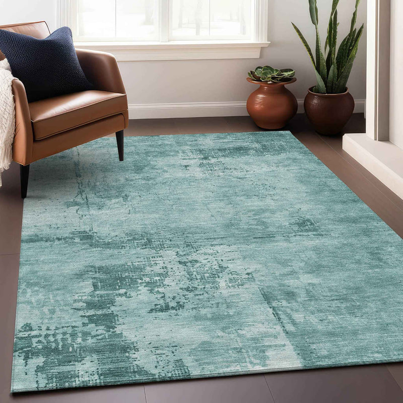 9' X 12' Teal Blue And Ivory Abstract Washable Indoor Outdoor Area Rug