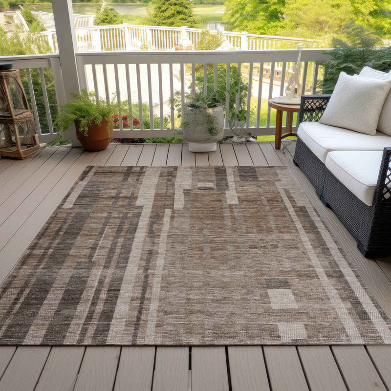 8' X 10' Brown And Beige Striped Washable Indoor Outdoor Area Rug
