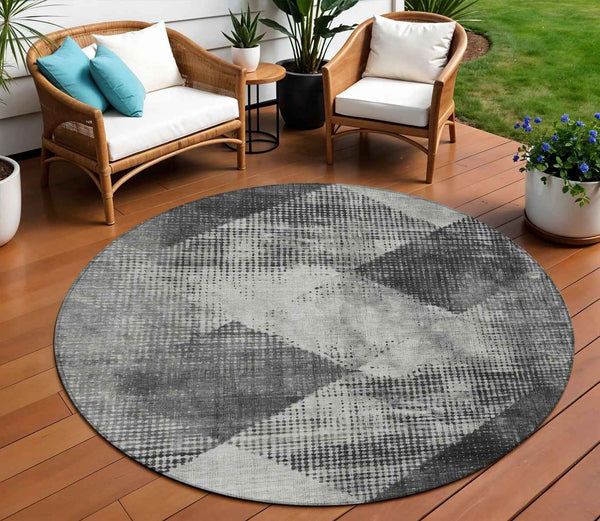 8' Gray And Black Round Geometric Washable Indoor Outdoor Area Rug