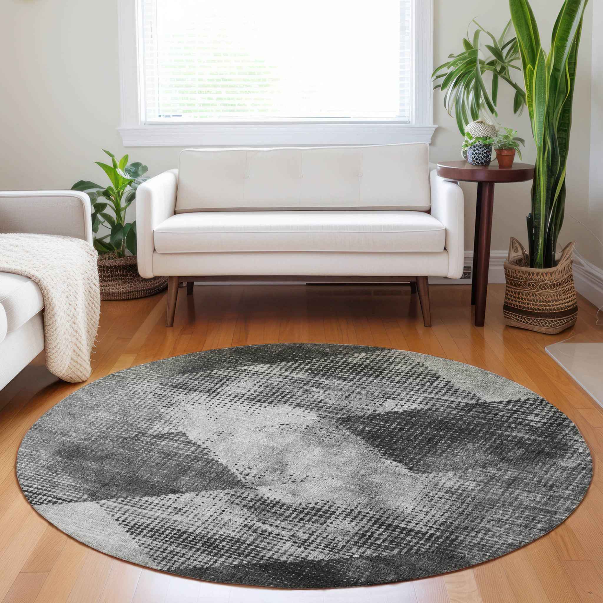 8' Gray And Black Round Geometric Washable Indoor Outdoor Area Rug