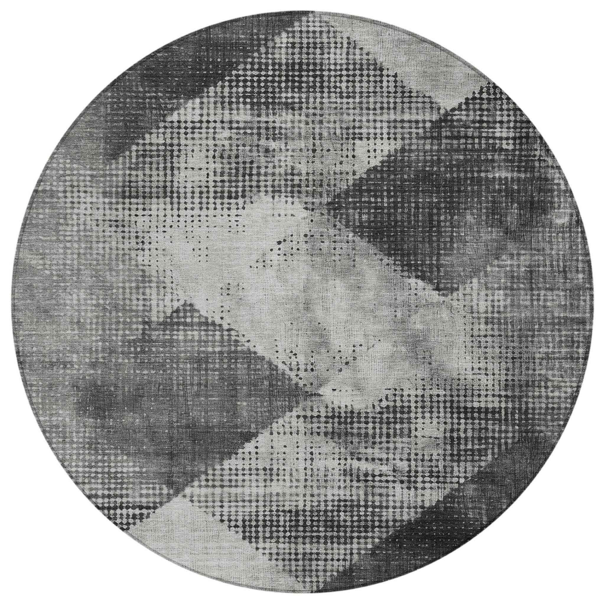 8' Gray And Black Round Geometric Washable Indoor Outdoor Area Rug