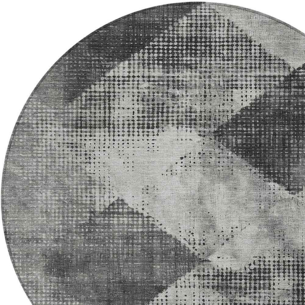 8' Gray And Black Round Geometric Washable Indoor Outdoor Area Rug