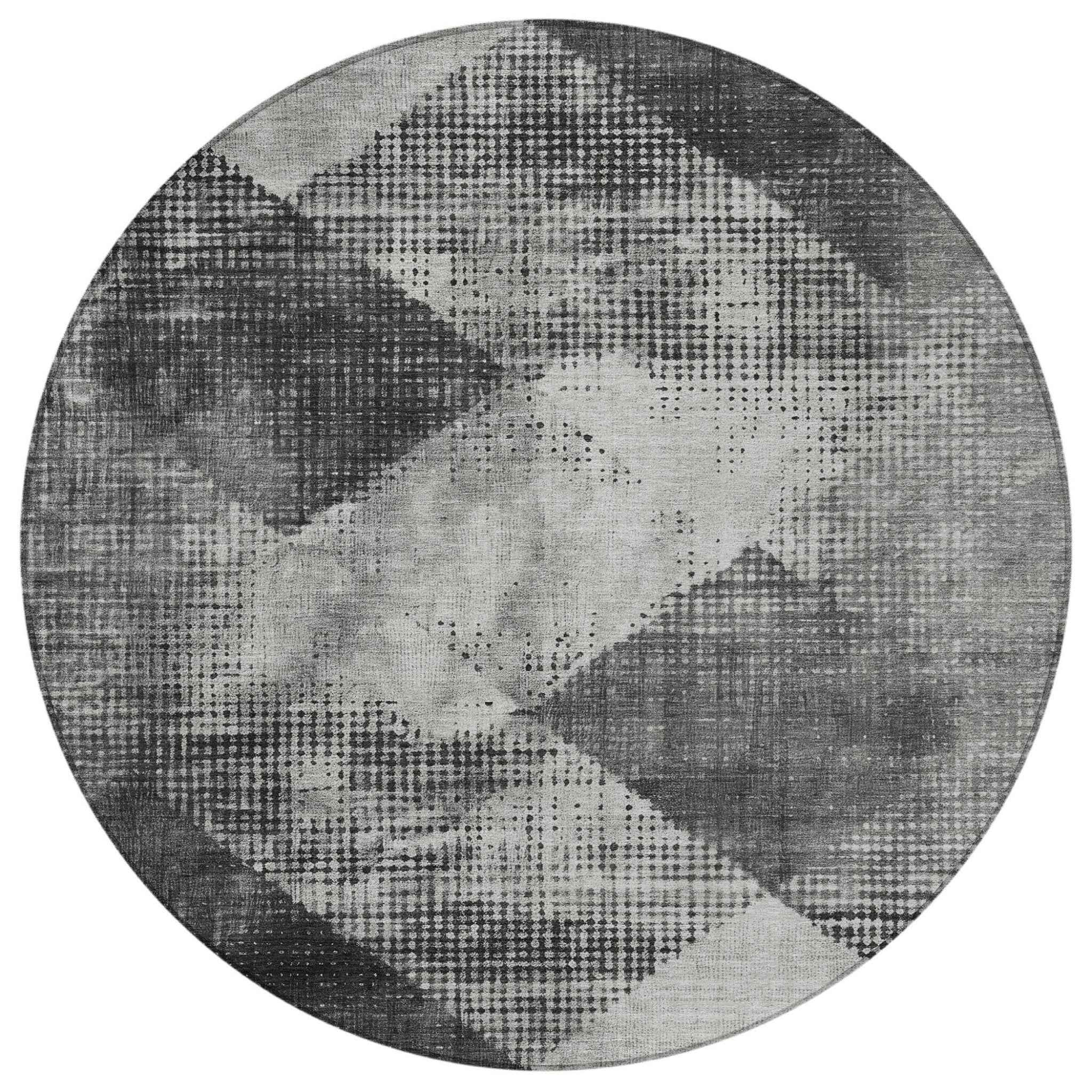 8' Gray And Black Round Geometric Washable Indoor Outdoor Area Rug