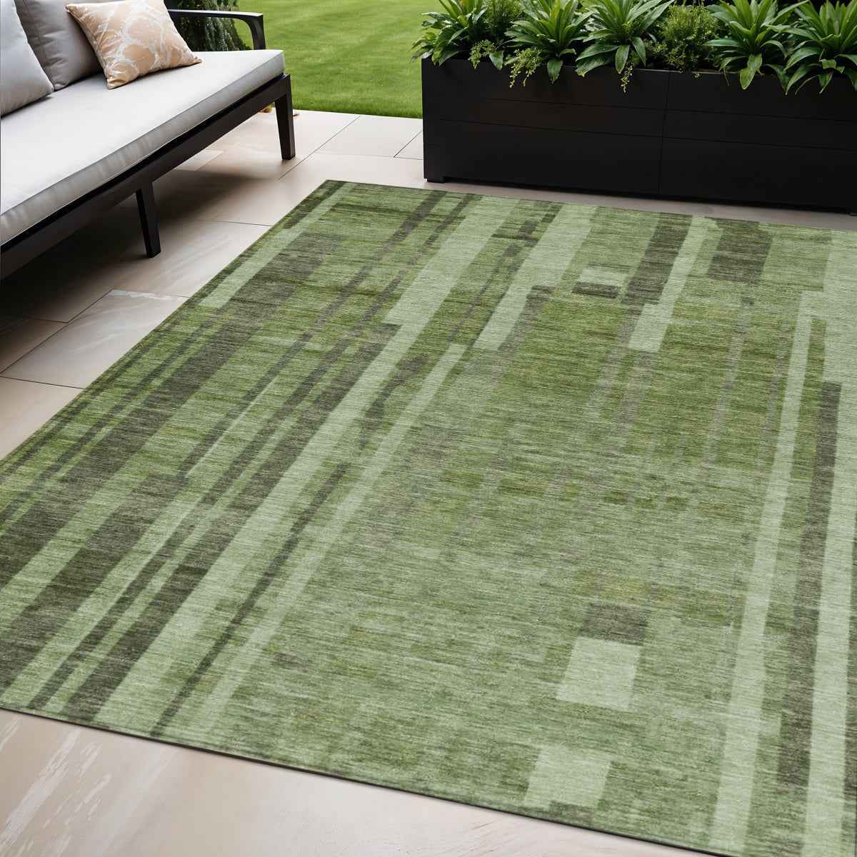 5' X 8' Green And Gray Striped Washable Indoor Outdoor Area Rug