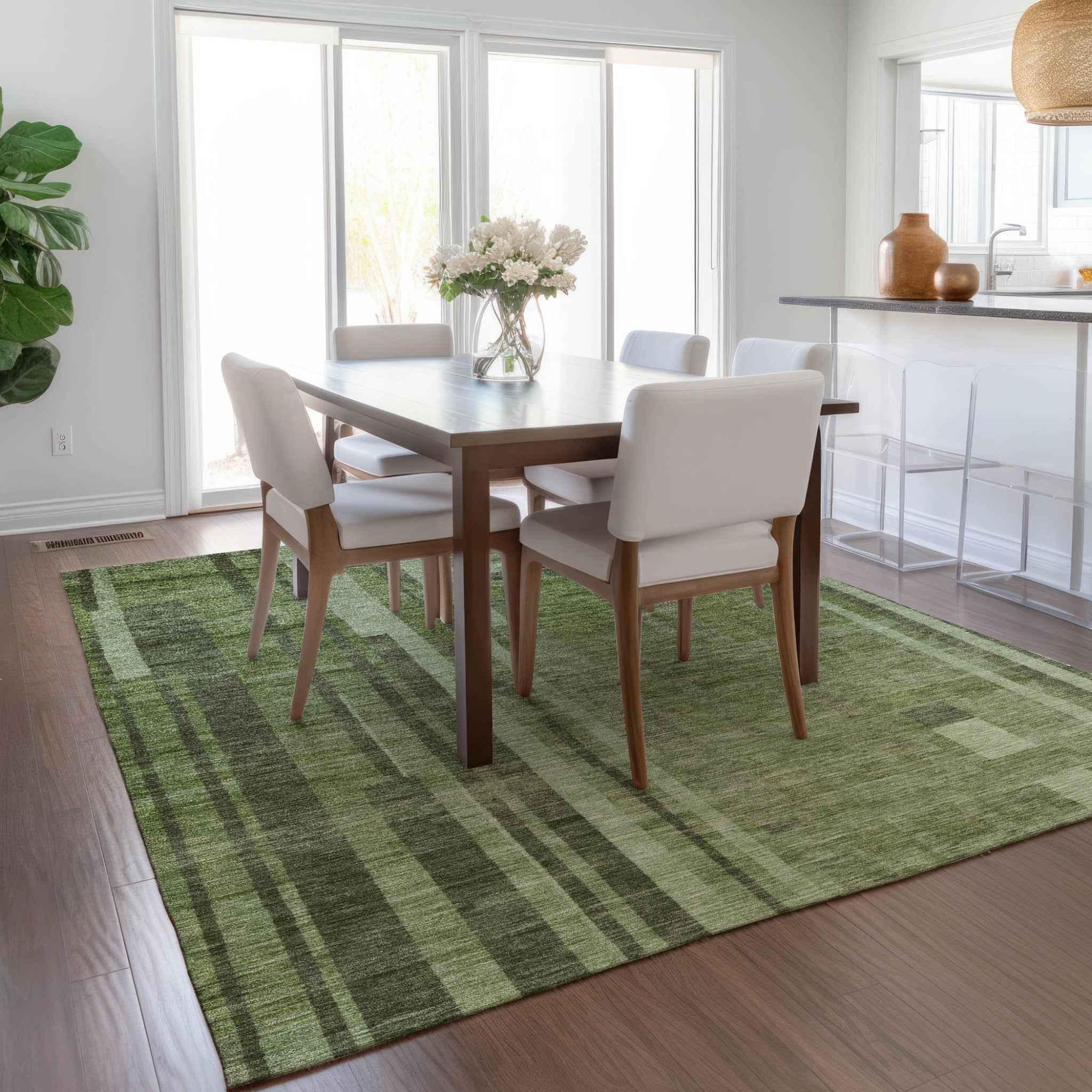 5' X 8' Green And Gray Striped Washable Indoor Outdoor Area Rug