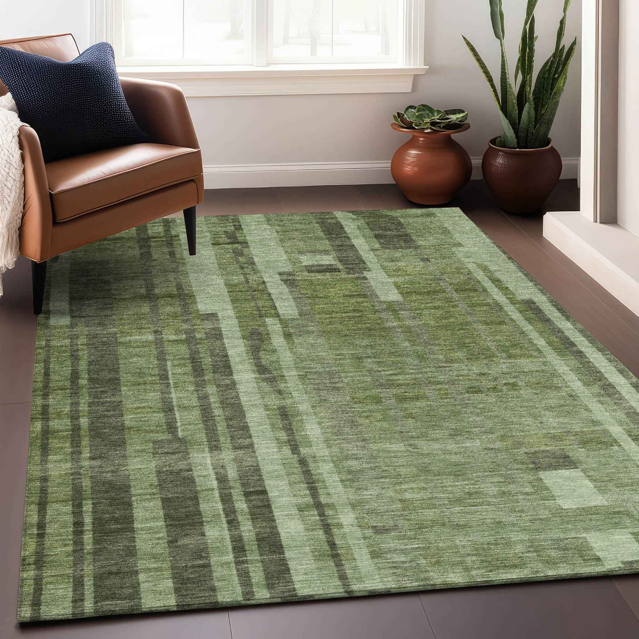 5' X 8' Green And Gray Striped Washable Indoor Outdoor Area Rug