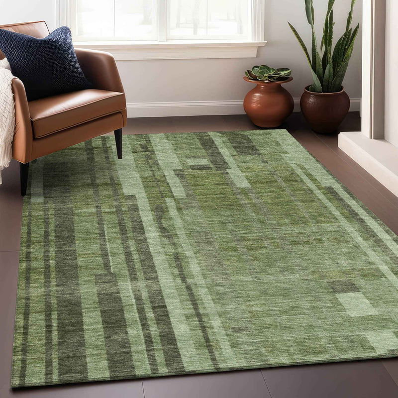 8' X 10' Green And Gray Striped Washable Indoor Outdoor Area Rug