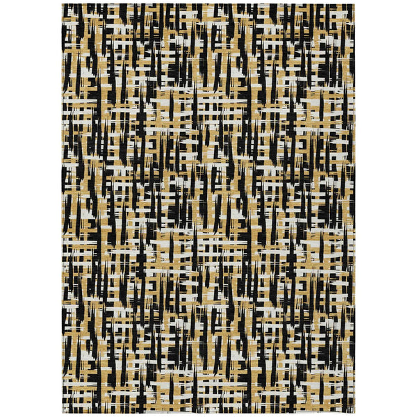10' X 14' Black Gold And Ivory Abstract Washable Indoor Outdoor Area Rug