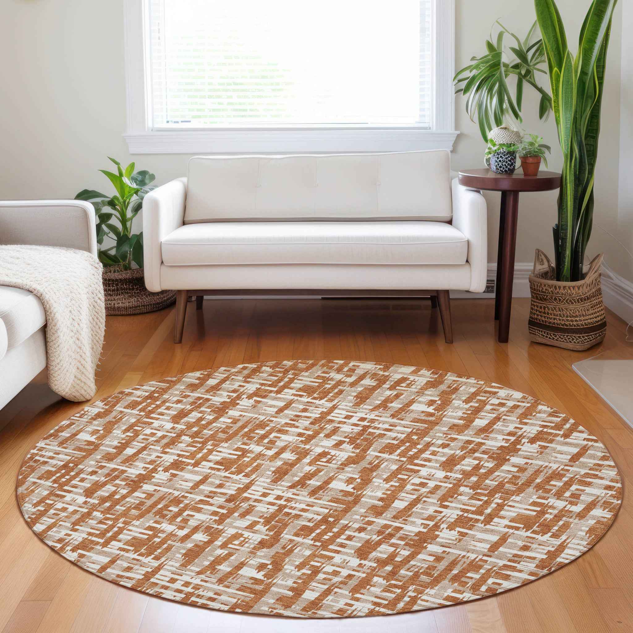 8' Terra Cotta Tan And Ivory Round Abstract Washable Indoor Outdoor Area Rug