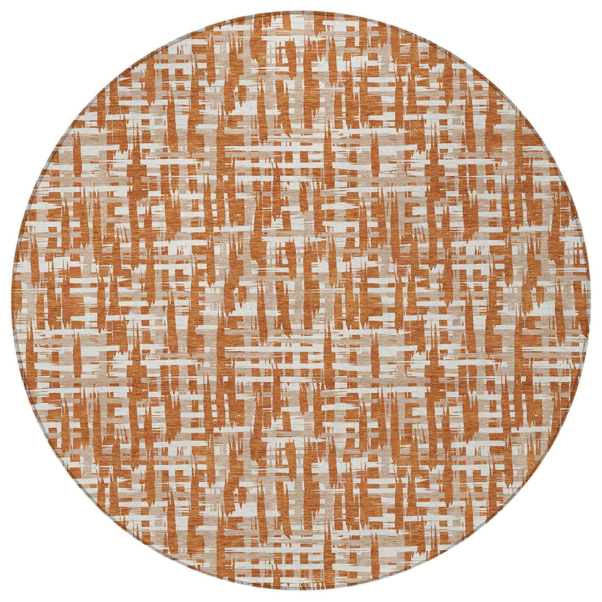 8' Terra Cotta Tan And Ivory Round Abstract Washable Indoor Outdoor Area Rug