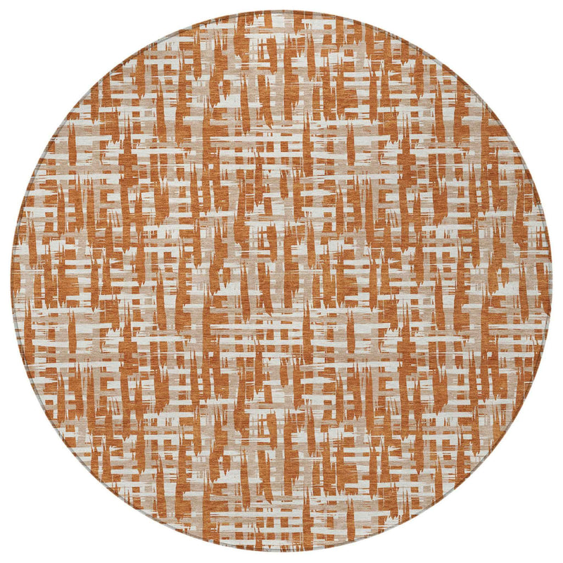 8' Terra Cotta Tan And Ivory Round Abstract Washable Indoor Outdoor Area Rug