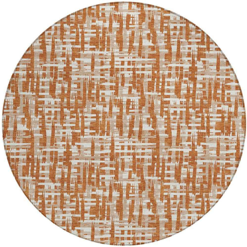 8' Terra Cotta Tan And Ivory Round Abstract Washable Indoor Outdoor Area Rug