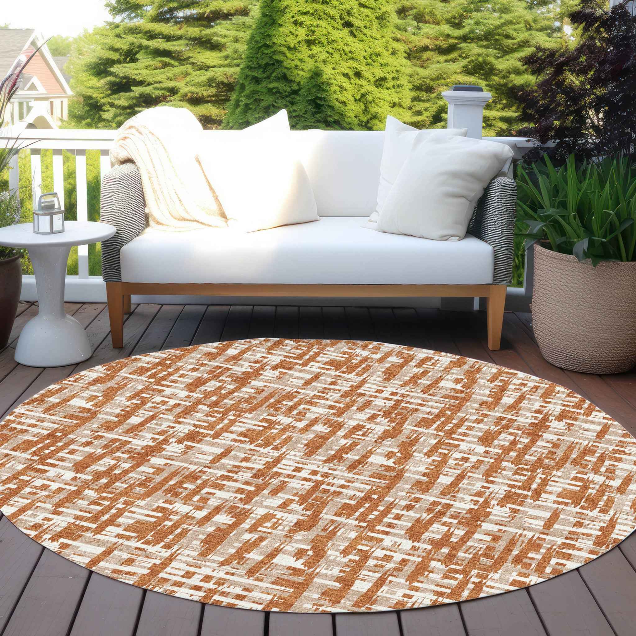 8' Terra Cotta Tan And Ivory Round Abstract Washable Indoor Outdoor Area Rug