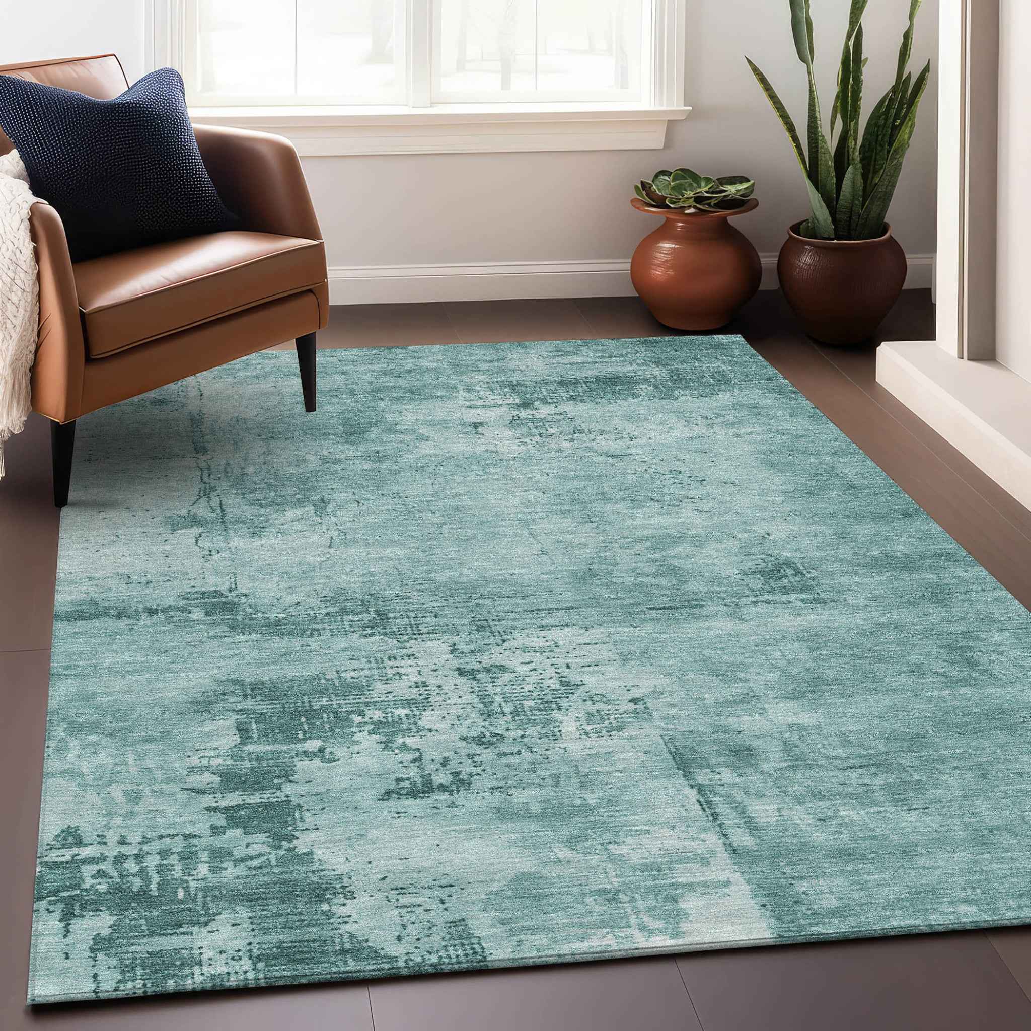 8' X 10' Teal Blue And Ivory Abstract Washable Indoor Outdoor Area Rug
