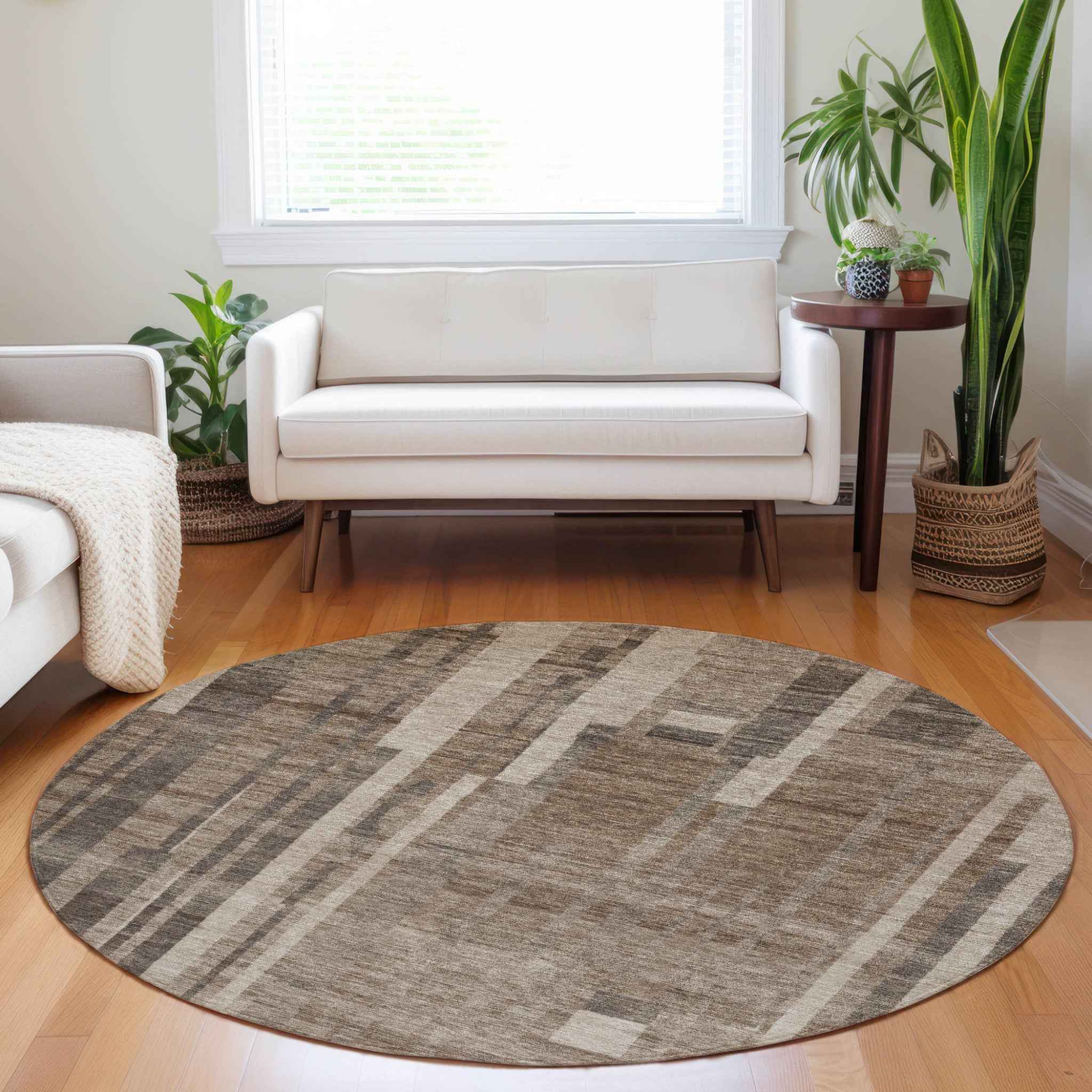 8' Brown And Beige Round Striped Washable Indoor Outdoor Area Rug