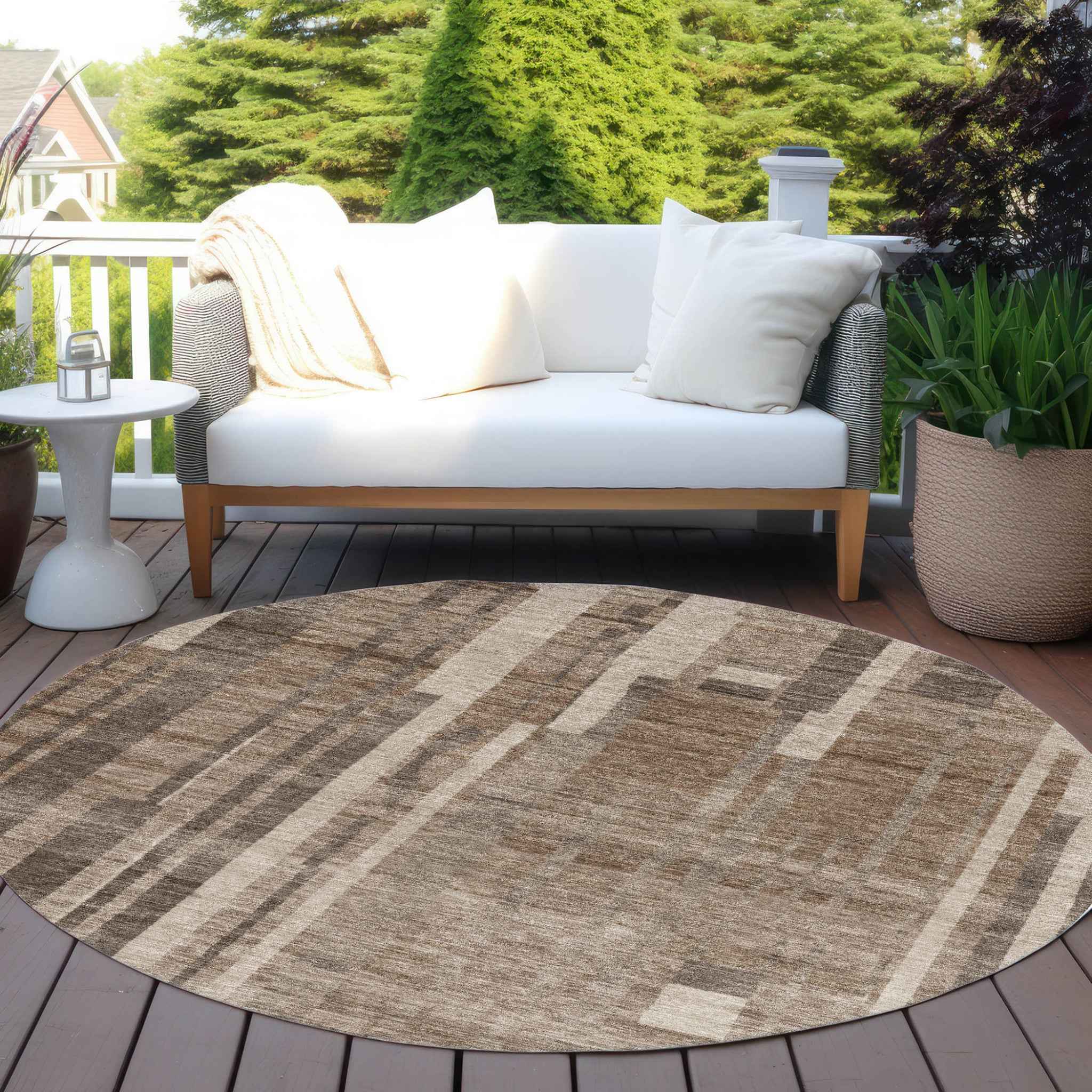 8' Brown And Beige Round Striped Washable Indoor Outdoor Area Rug
