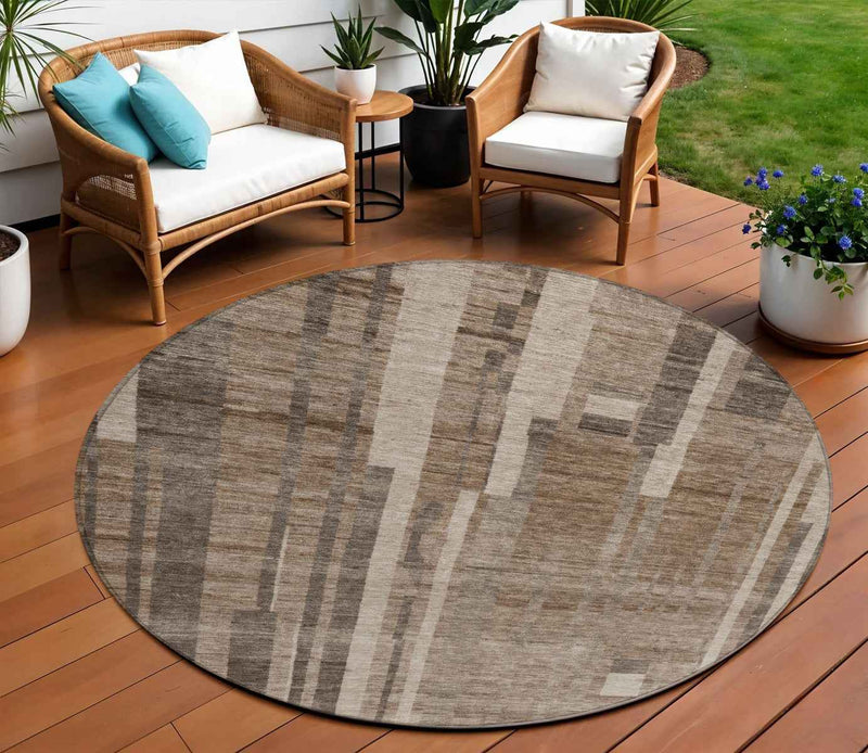 8' Brown And Beige Round Striped Washable Indoor Outdoor Area Rug