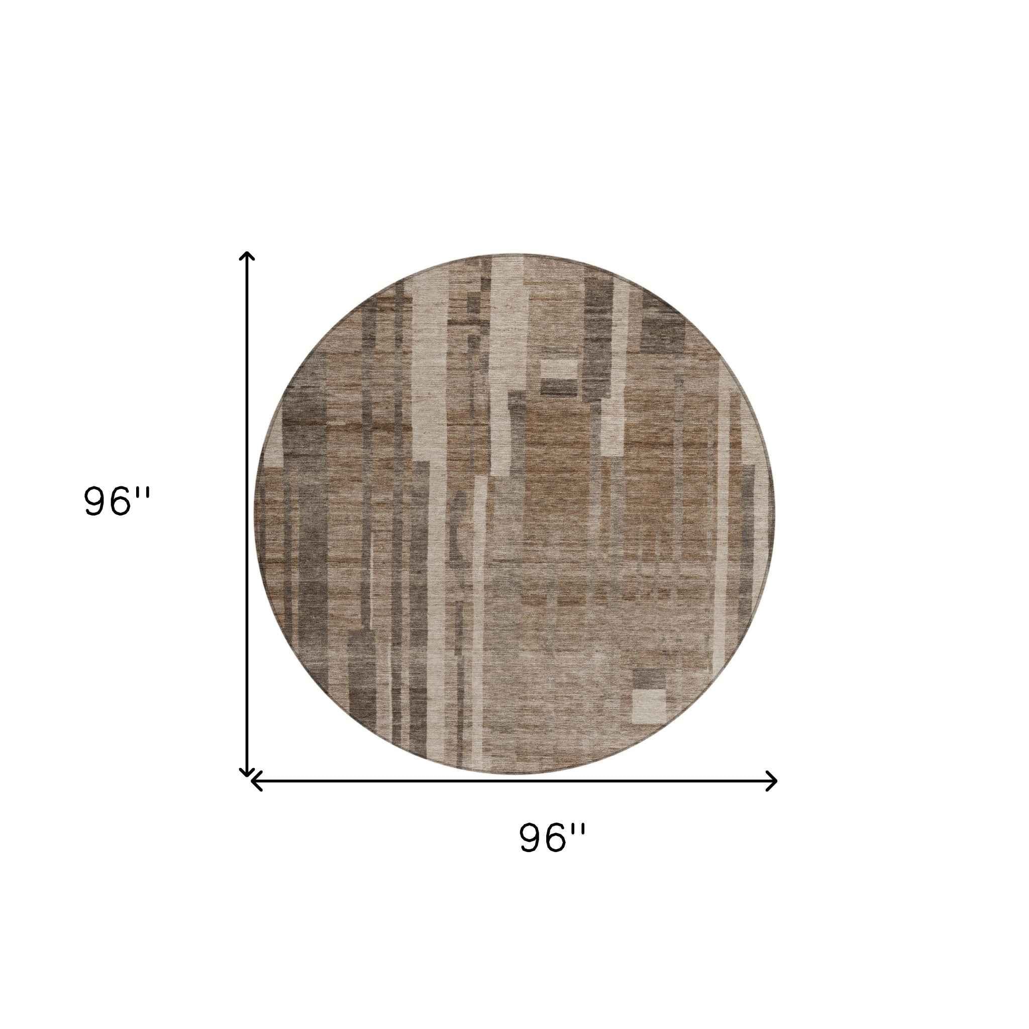 8' Brown And Beige Round Striped Washable Indoor Outdoor Area Rug