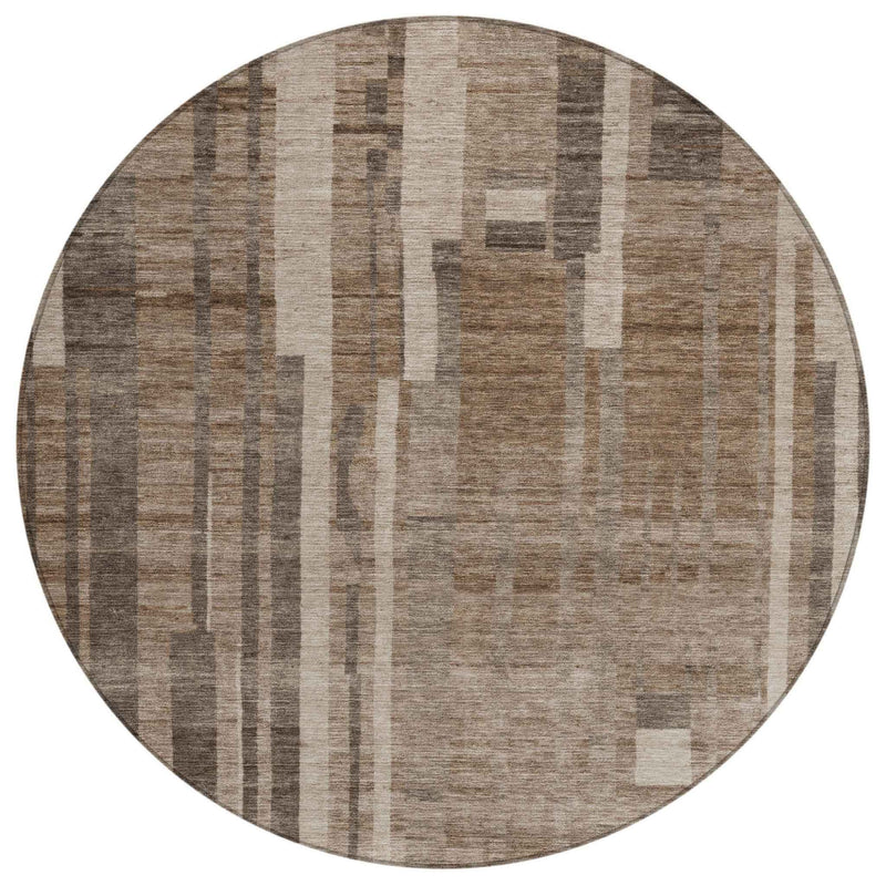 8' Brown And Beige Round Striped Washable Indoor Outdoor Area Rug