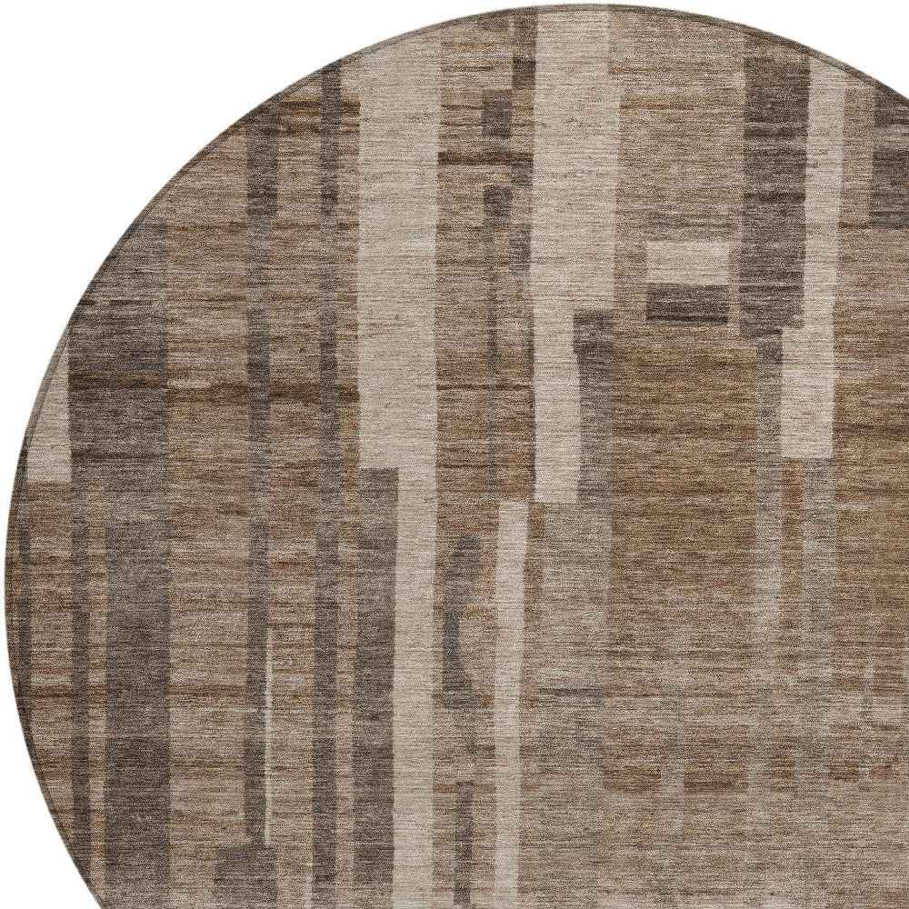 8' Brown And Beige Round Striped Washable Indoor Outdoor Area Rug