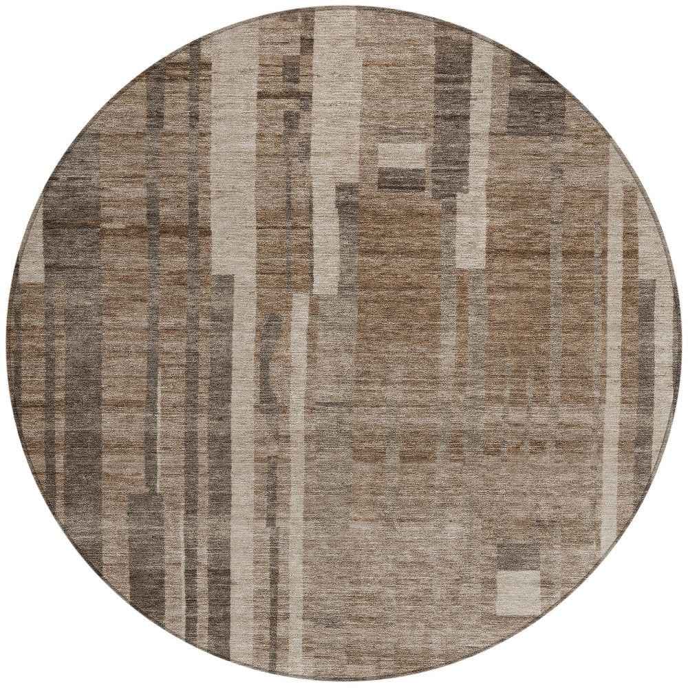 8' Brown And Beige Round Striped Washable Indoor Outdoor Area Rug