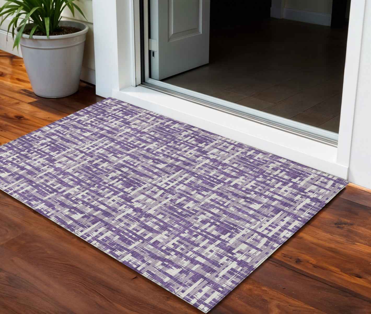 3' X 5' Purple And Lavender Abstract Washable Indoor Outdoor Area Rug