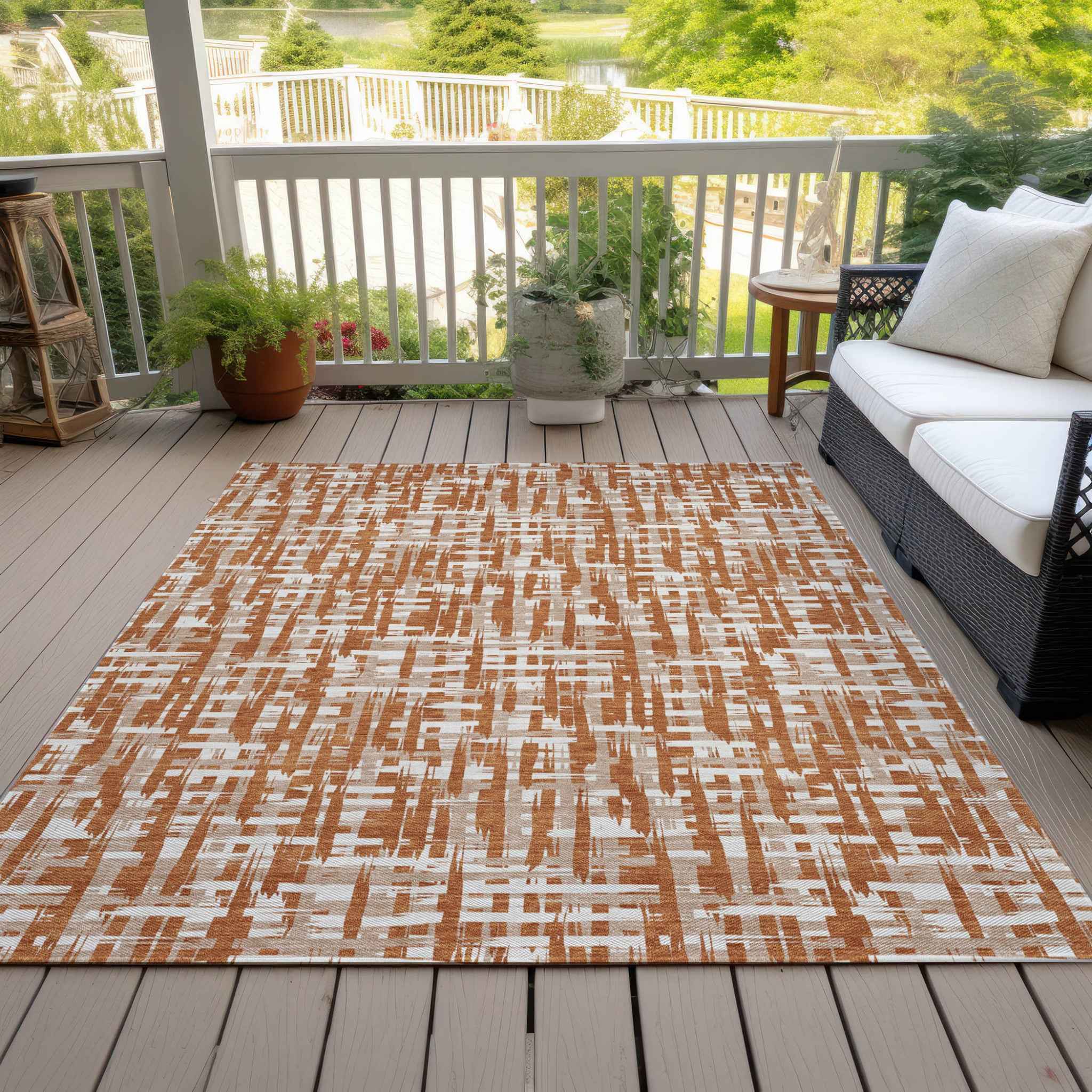 3' X 5' Terra Cotta Tan And Ivory Abstract Washable Indoor Outdoor Area Rug