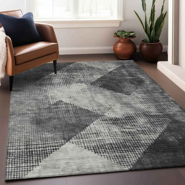 9' X 12' Gray And Black Geometric Washable Indoor Outdoor Area Rug