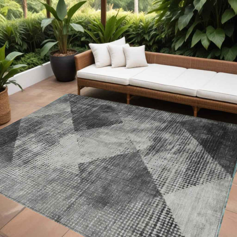 9' X 12' Gray And Black Geometric Washable Indoor Outdoor Area Rug
