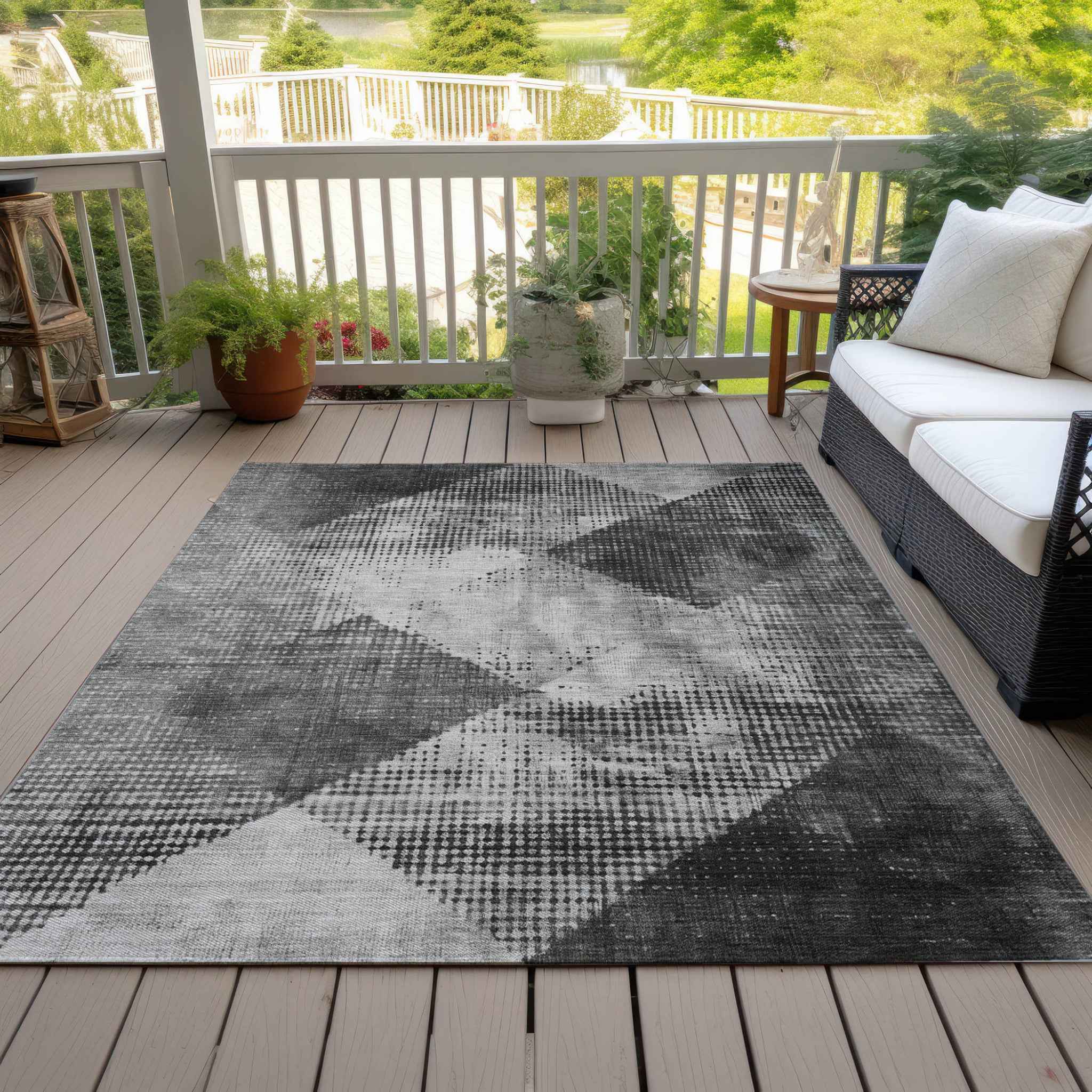 9' X 12' Gray And Black Geometric Washable Indoor Outdoor Area Rug