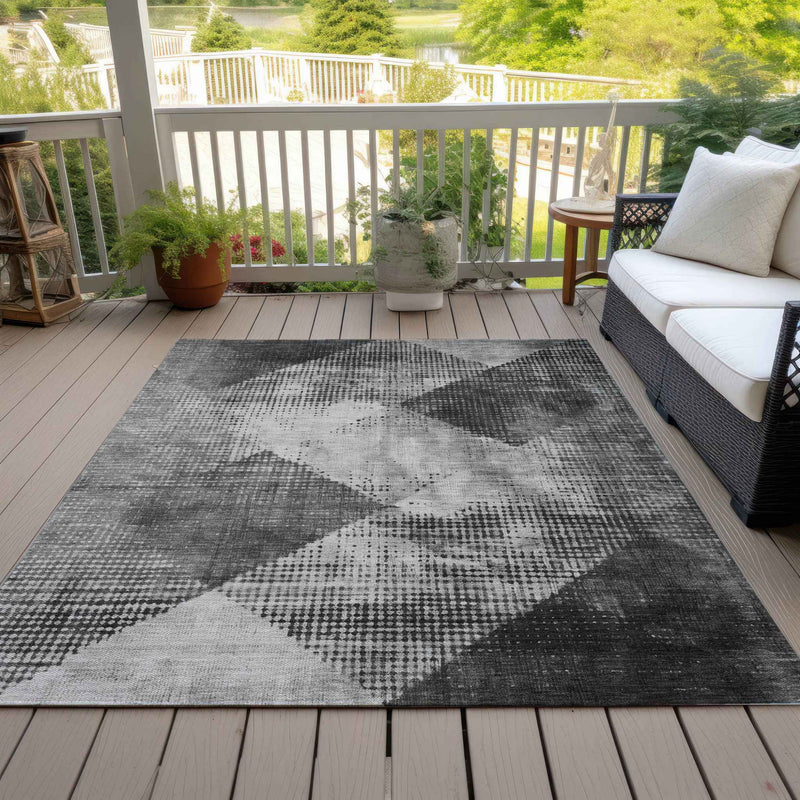 9' X 12' Gray And Black Geometric Washable Indoor Outdoor Area Rug