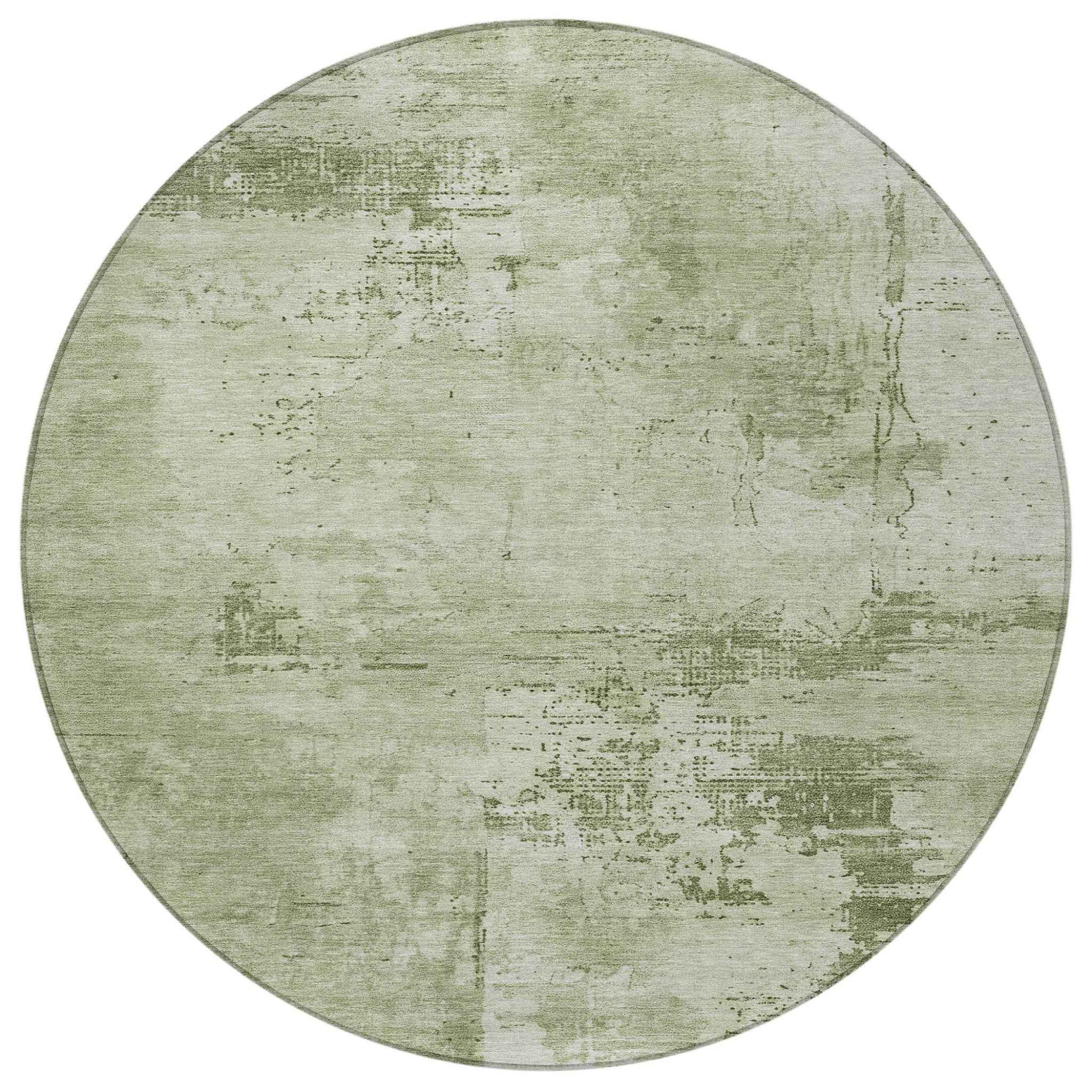8' Olive Green And Ivory Round Abstract Washable Indoor Outdoor Area Rug