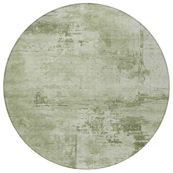 8' Olive Green And Ivory Round Abstract Washable Indoor Outdoor Area Rug