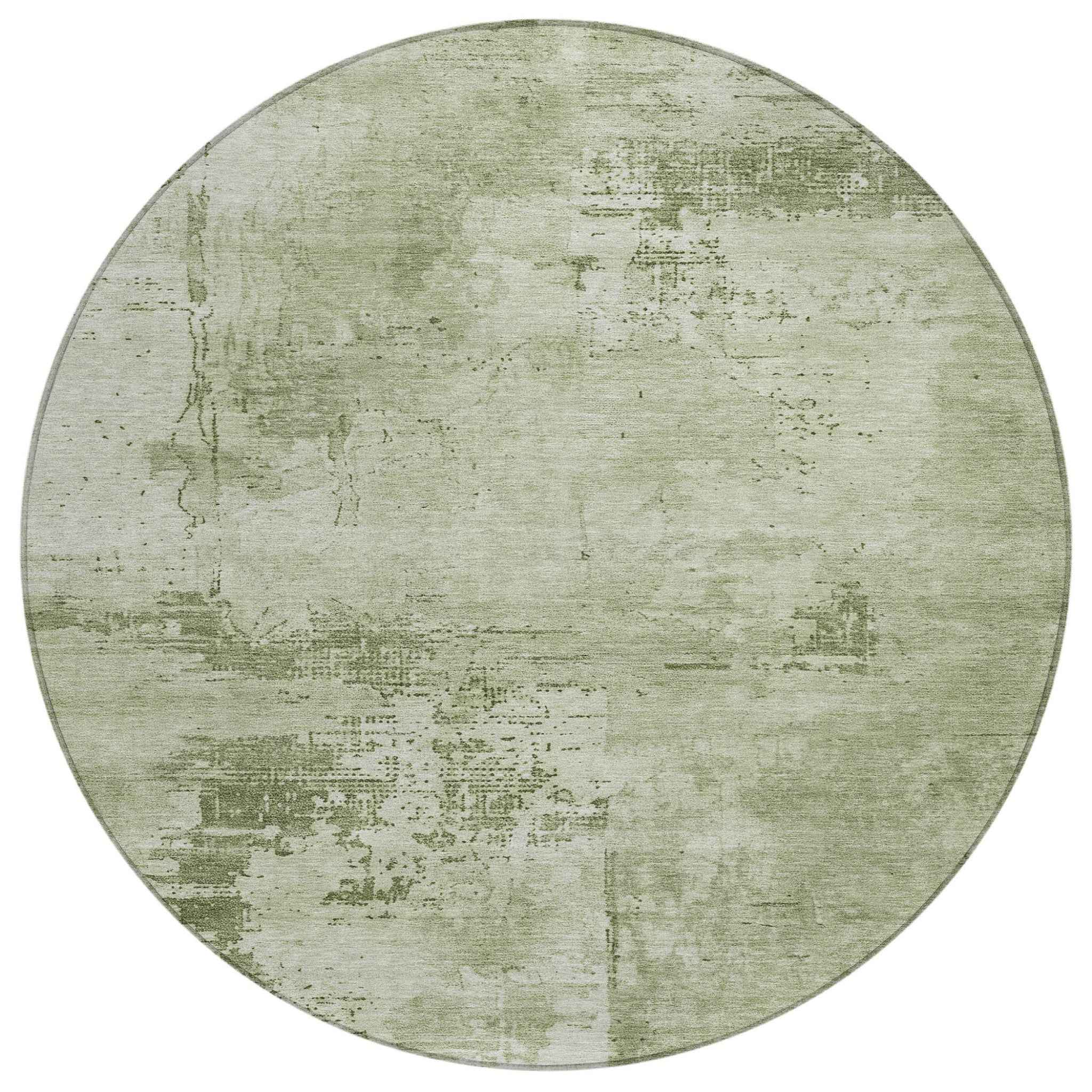 8' Olive Green And Ivory Round Abstract Washable Indoor Outdoor Area Rug