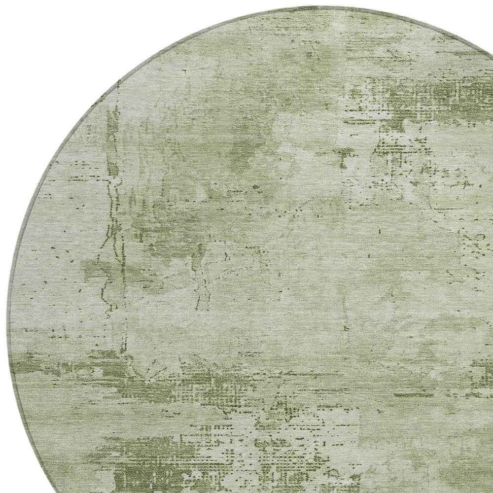 8' Olive Green And Ivory Round Abstract Washable Indoor Outdoor Area Rug