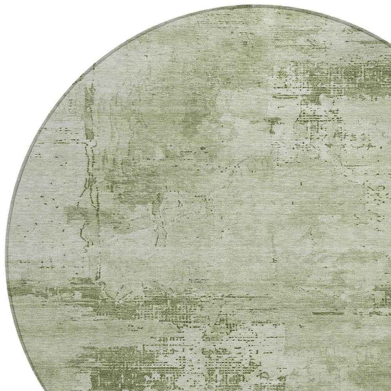 8' Olive Green And Ivory Round Abstract Washable Indoor Outdoor Area Rug