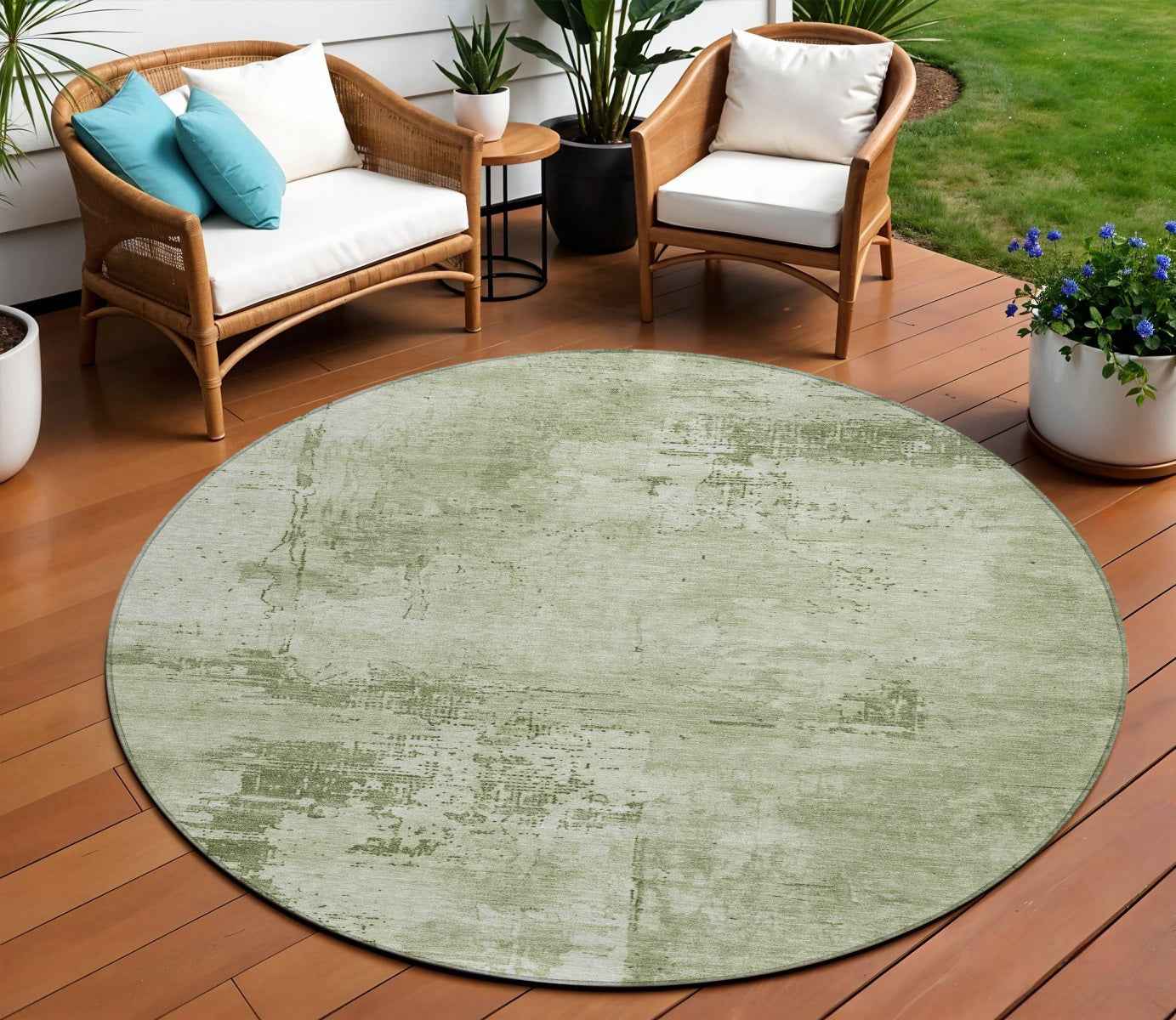 8' Olive Green And Ivory Round Abstract Washable Indoor Outdoor Area Rug