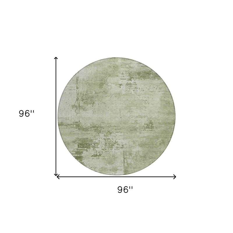 8' Olive Green And Ivory Round Abstract Washable Indoor Outdoor Area Rug