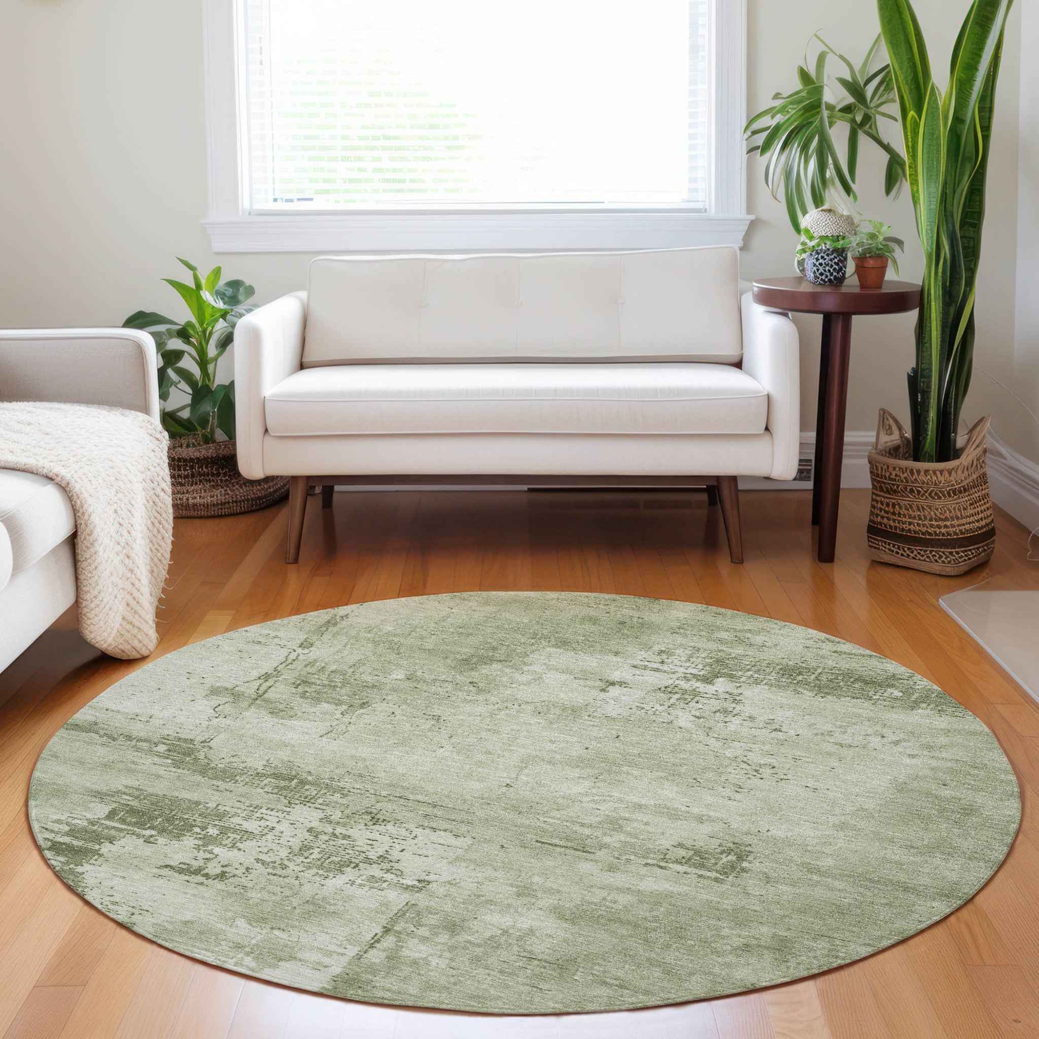 8' Olive Green And Ivory Round Abstract Washable Indoor Outdoor Area Rug