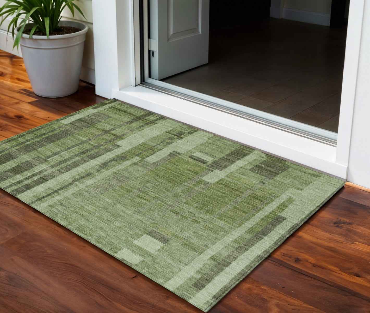 3' X 5' Green And Gray Striped Washable Indoor Outdoor Area Rug