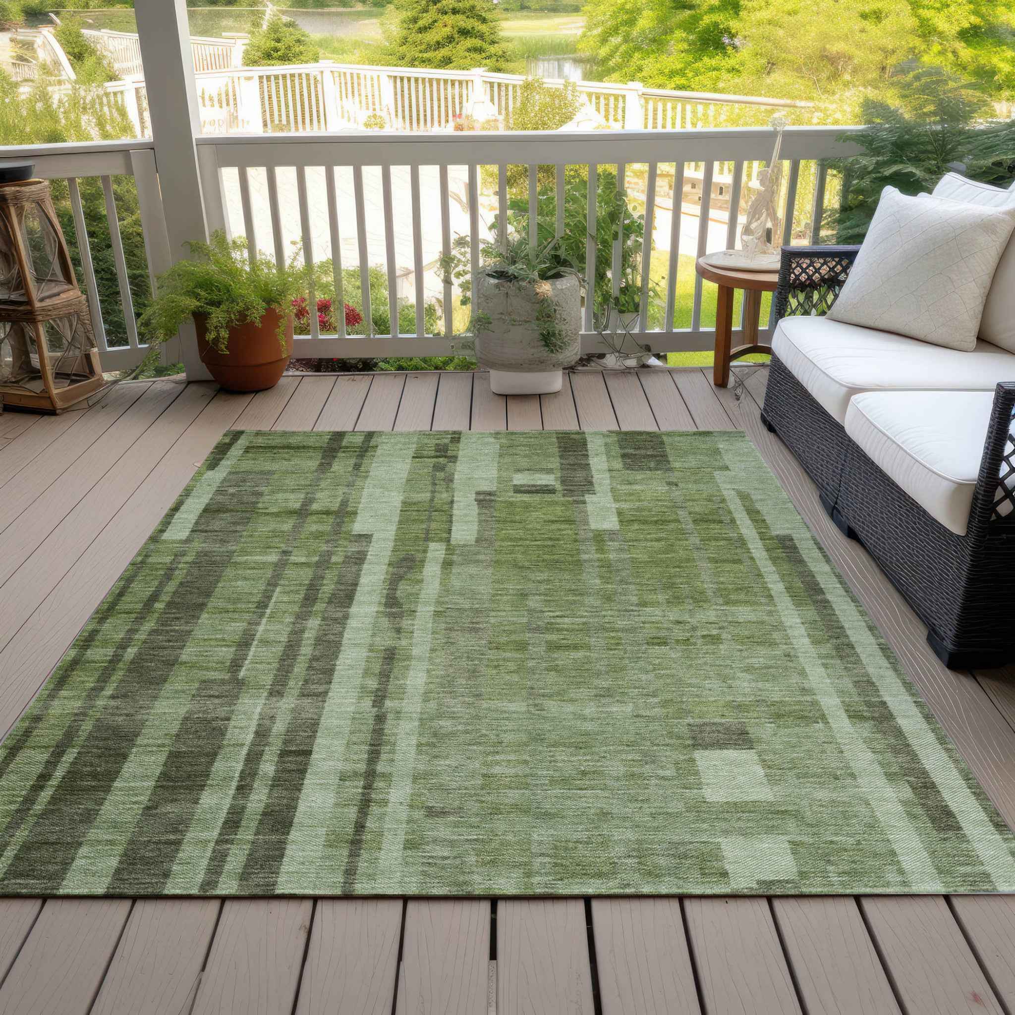 3' X 5' Green And Gray Striped Washable Indoor Outdoor Area Rug